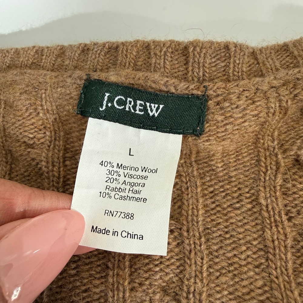 J.Crew Cable Knit Cardigan Sweater Camel Merino Wool Angora Cashmere L Preppy - Picture 7 of 9